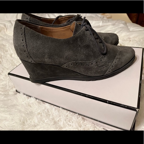 Ellen Tracy Charcoal Gray Suede Leather Lace Up Wedge Womens Wingtip Oxfords - Picture 5 of 7